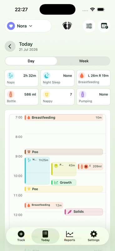 Baby Tracks Today timeline with care summaries and daily events