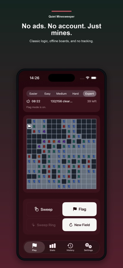 Quiet Minesweeper preview with no ads, no account, and offline play