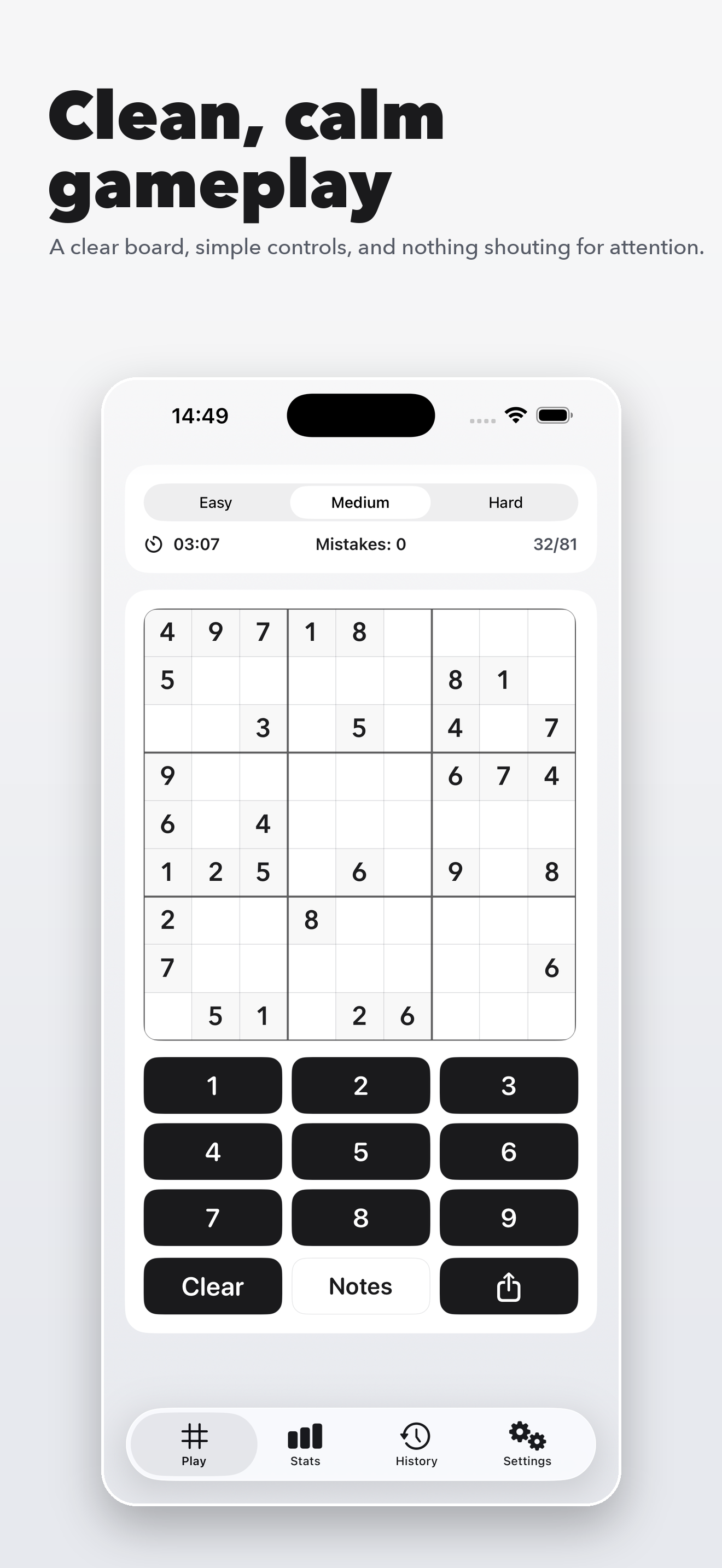 Quiet Sudoku gameplay screen with a clean sudoku board and large number controls
