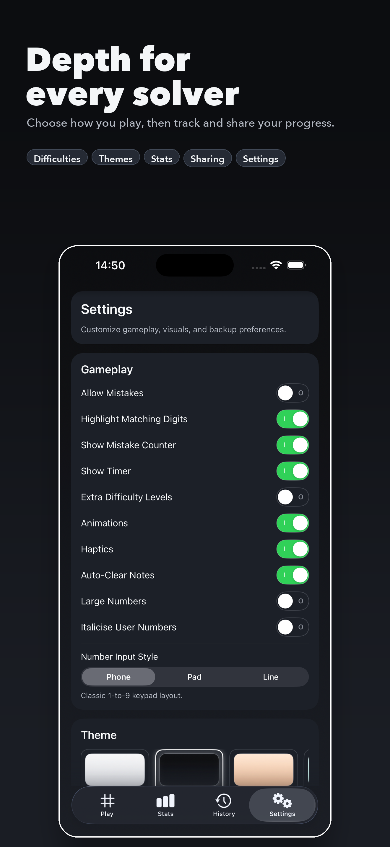 Quiet Sudoku settings screen showing themes, difficulty, and gameplay options