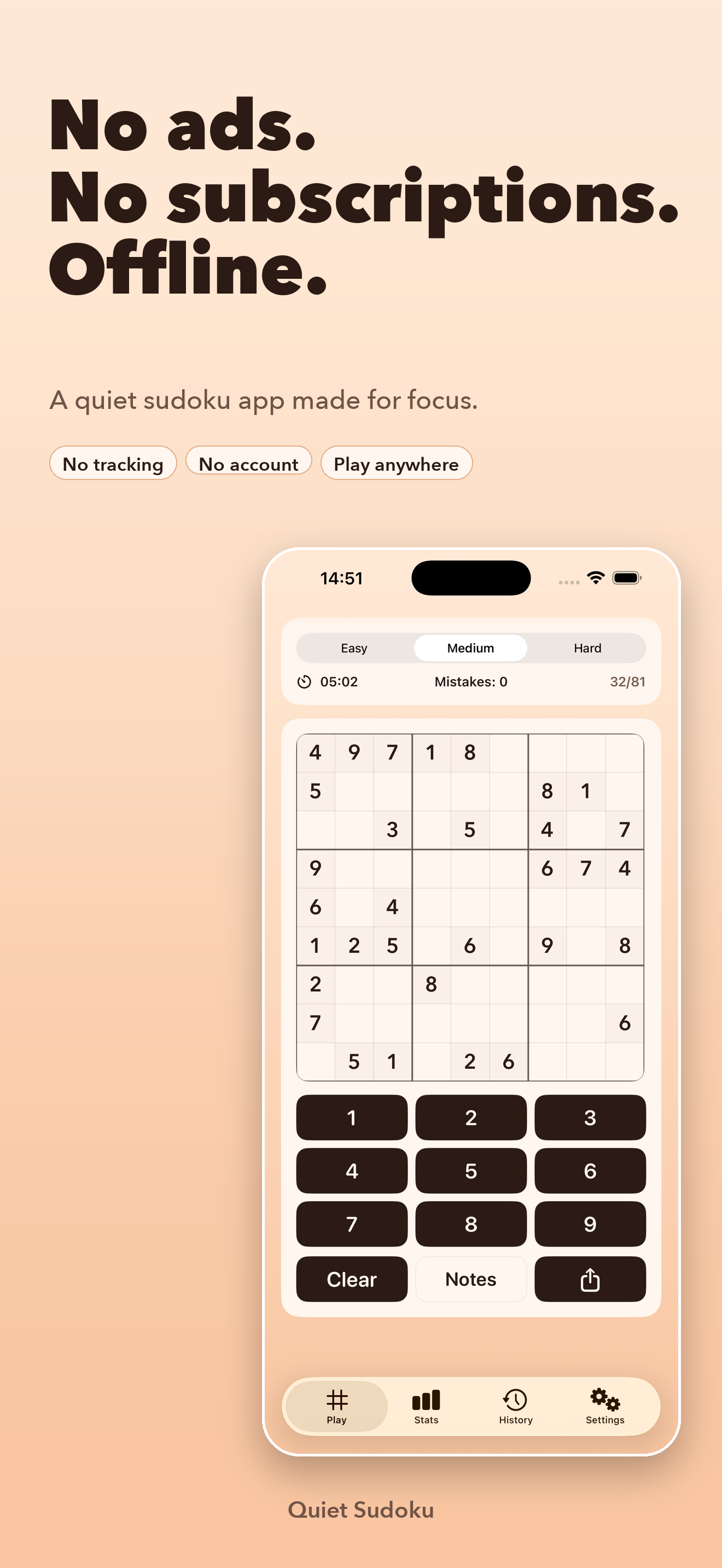 Quiet Sudoku app preview showing an offline sudoku game with no ads or subscriptions